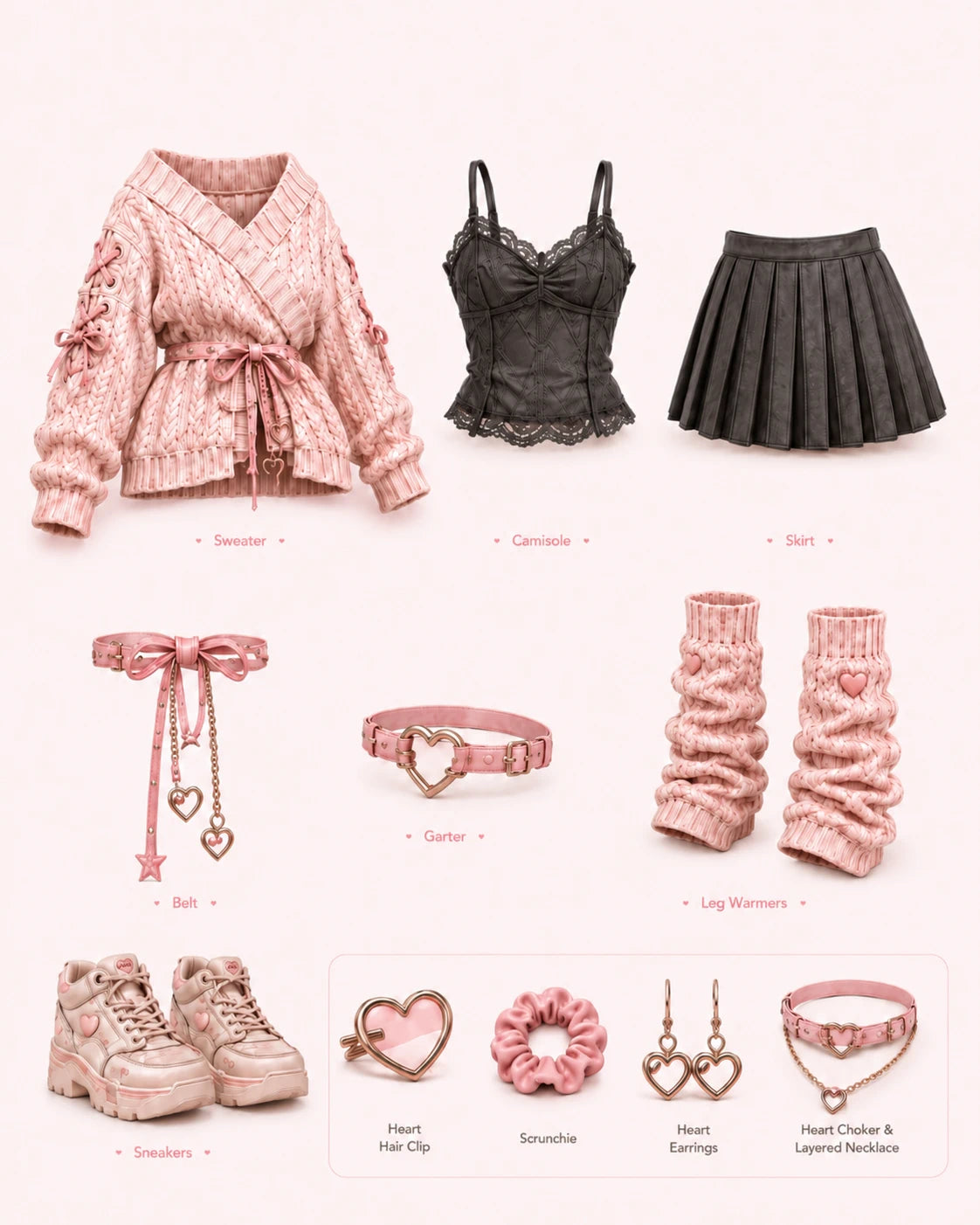 Nana outfit and accessory details including heart charms and pink ribbons