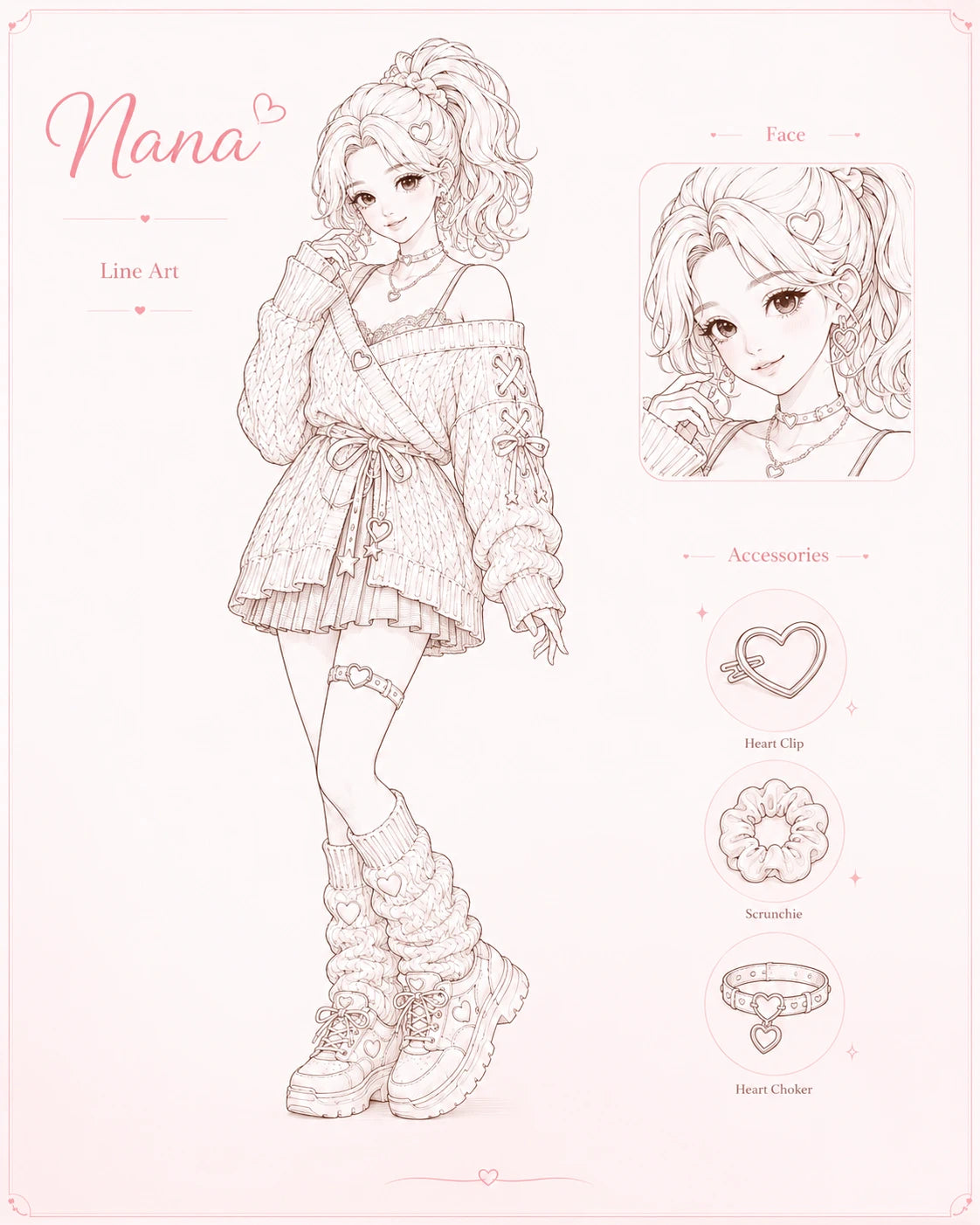 Nana line art and color reference from the Skin Note character design process